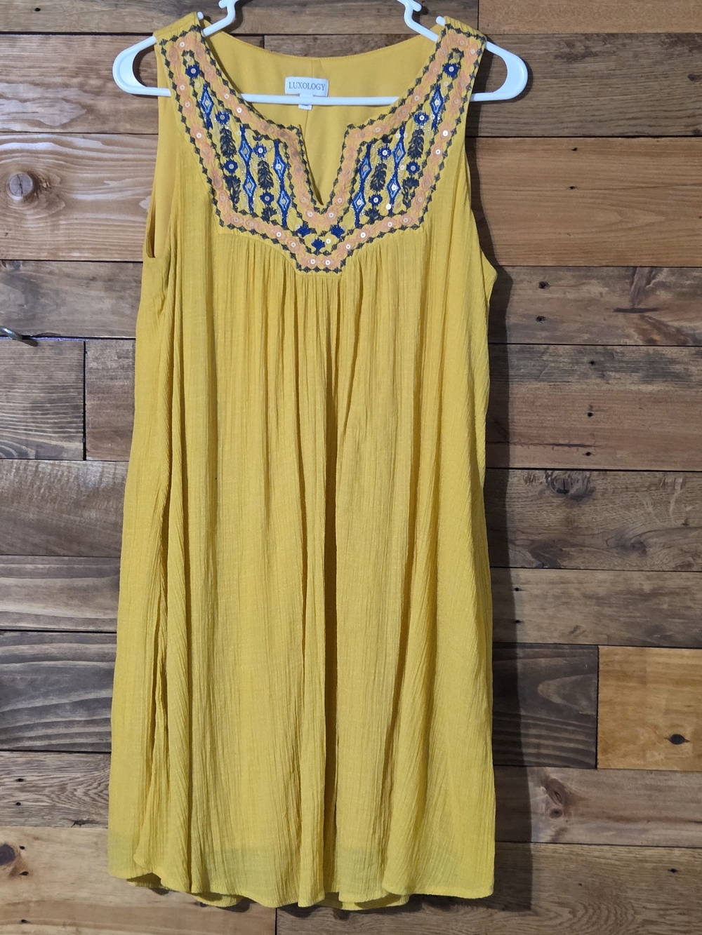 LUXOLOGY Mustard Yellow Embroidered Lined Boho Mini Tunic Dress M